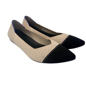 Rothys The Point Flats Shoes Women Size 9 Beige Black Knit Blue Trim